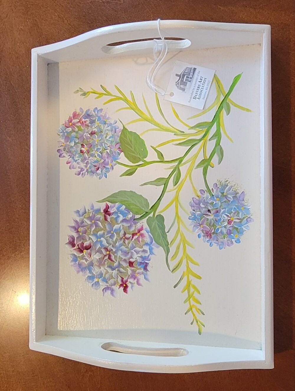 Danvers Art Associaton Hand Painted Wood Serving Tray Hydrangea Floral Design